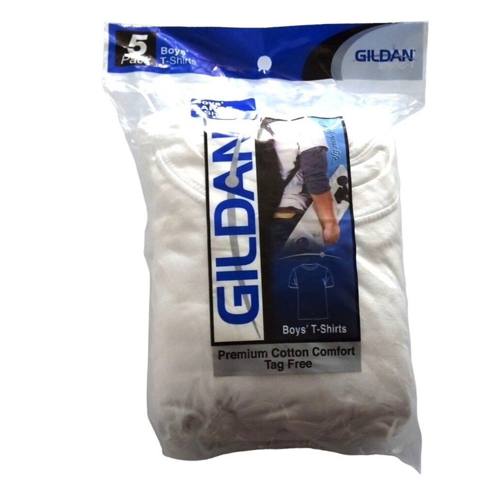 Gildan Boys White Premium Comfort Cotton T-Shirt L- Pack of 5 -NWT